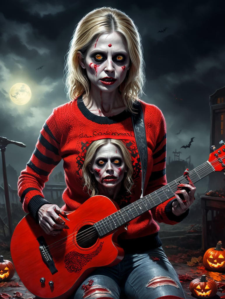 Sara Michelle Gellar as a zombie wearing a red sweater with thick black stipes, playing a guitar, Halloween style, Vivid saturated colors, Contrast color