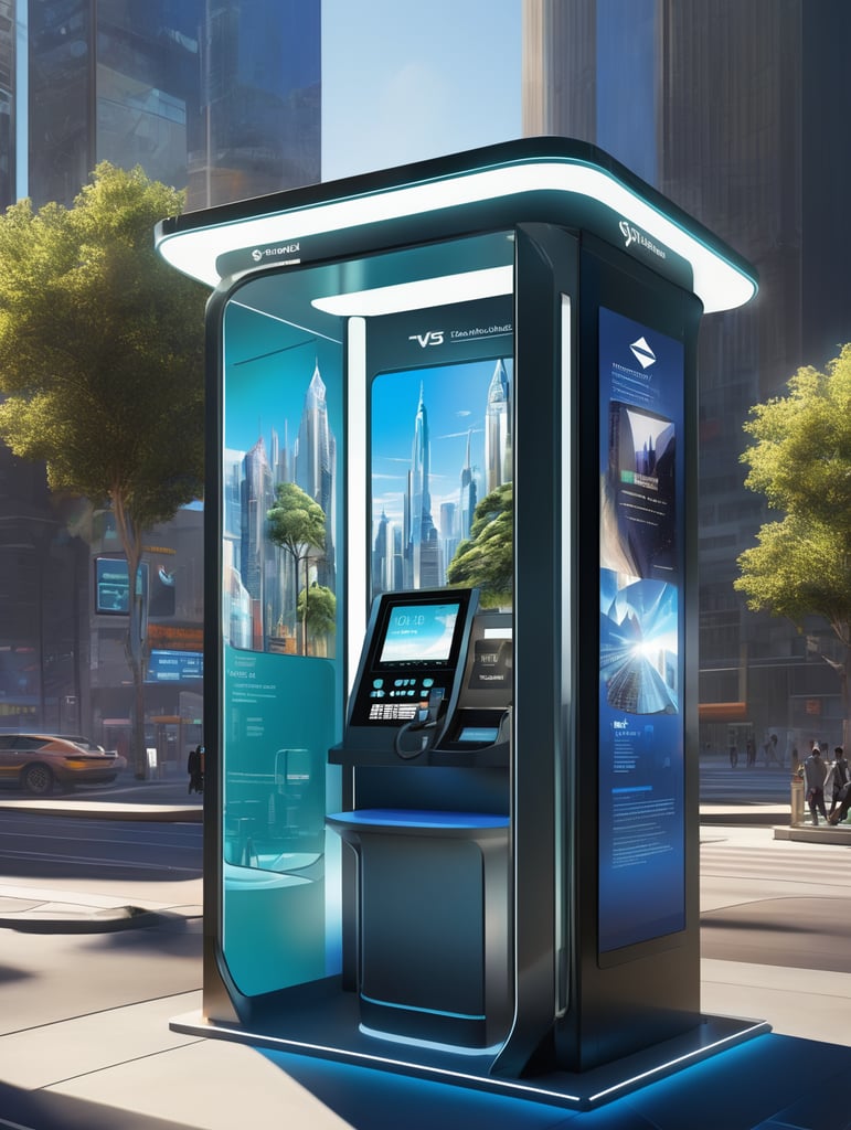 A sleek, state-of-the-art telephone booth with cutting-edge technology and solar power integration, presented through a professional digital illustration style. In the spirit of concept artist Syd Mead, this image showcases a futuristic, cityscape backdrop. The booth exudes minimalism and sophistication with its clean lines and advanced touchscreens. The color palette is a mix of cool, futuristic blues and vibrant, eco-friendly greens. Facial expressions are determined and focused, bathed in the glow of a digitally enhanced atmosphere, demonstrating the embodiment of professionalism in modern technology. --v 5 --stylize 1000
