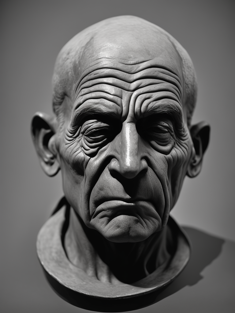 ein trauriger keramikkopf im sinne von peter voulkos und man ray. schwarz weiß foto