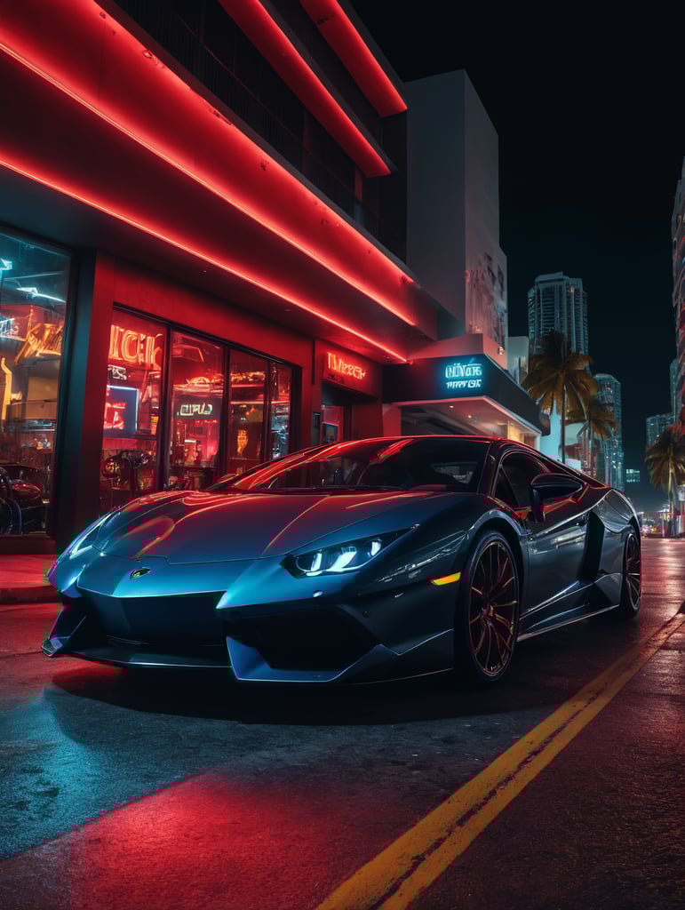 one red solo cup, Miami downtown, nighttime, neon lights, exotic cars parked