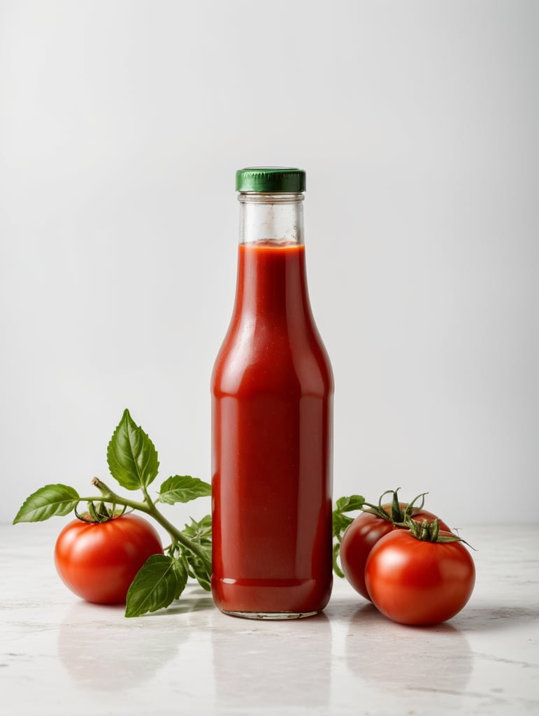 tomato ketchup bottle, red tomato with green leaves, isolated, white background, mockup