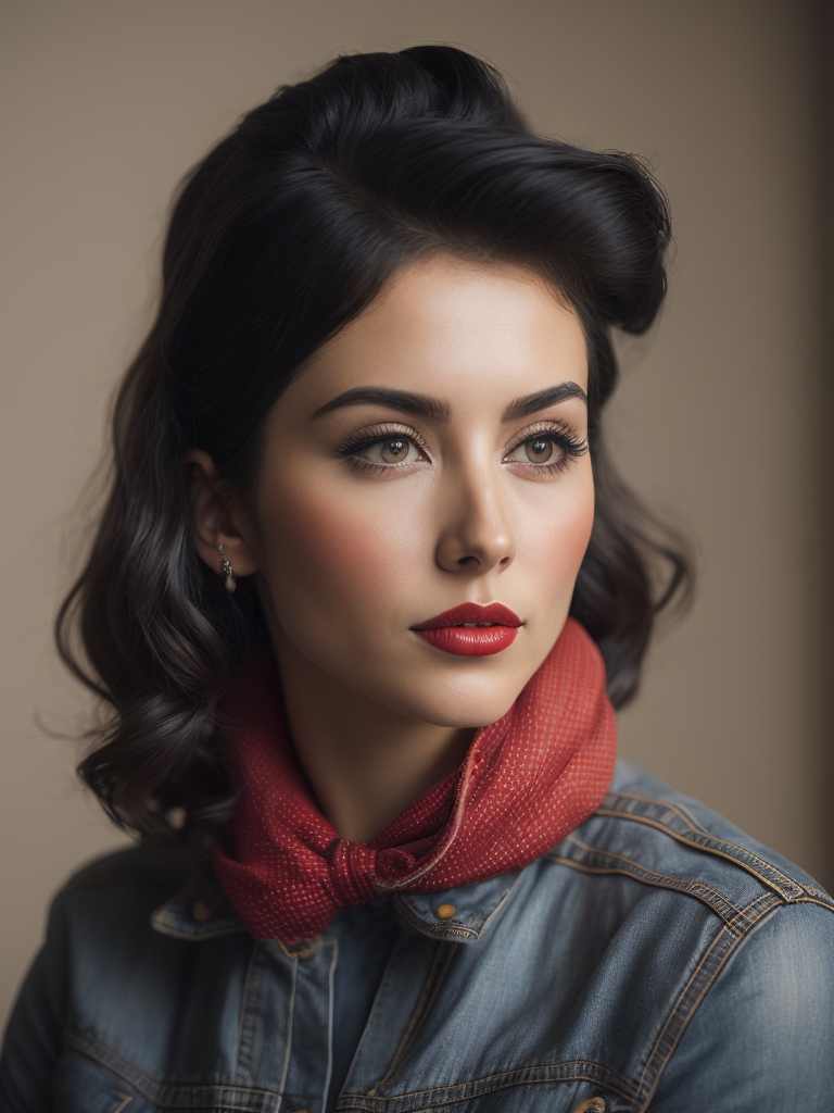 rockabilly girl with 50s style black hair wearing red bandana