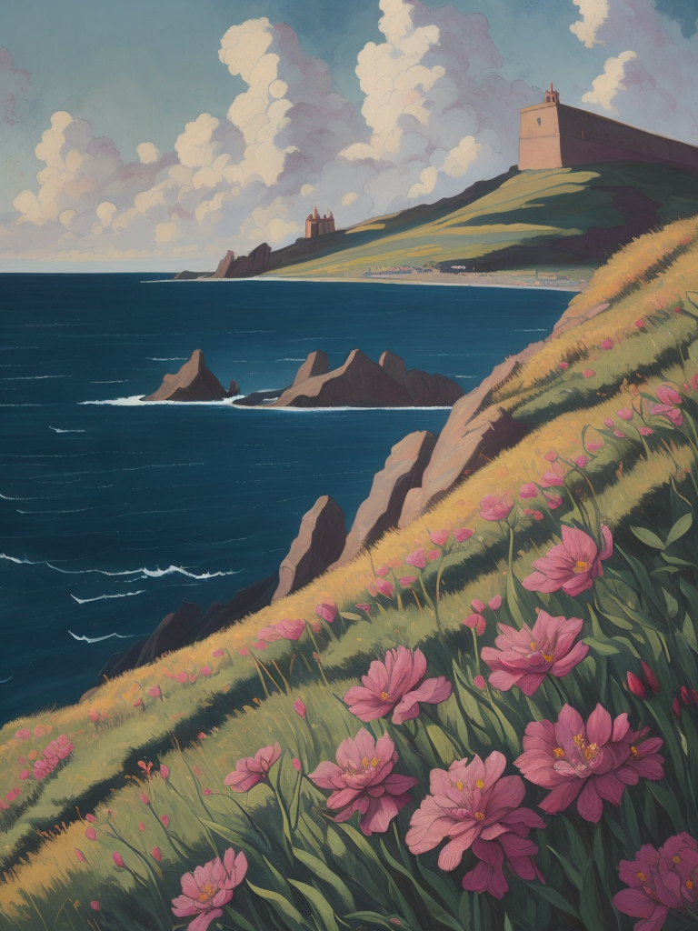A painting by Andre Lhote. A painting of striking sea pinks, or thrift, along the coastal cliffs of Orkney combines Cubist and Fauvist styles to showcase the captivating beauty of these resilient flowers. The composition utilizes bold shapes and a palette of vivid pinks, blues, and greens, highlighting the contrast between the delicate blossoms and the dramatic, windswept landscape.