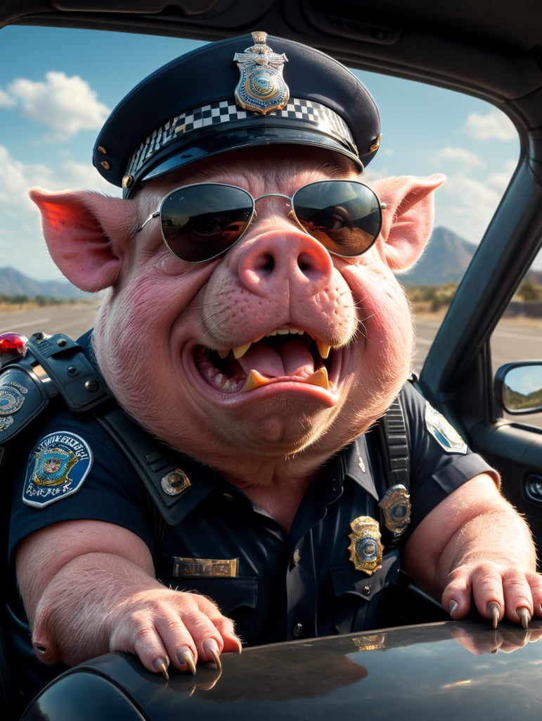 A angry pig police officer, sitting behind the wheel of a police car, close-up shot, sunglasses, clipart, stock photo