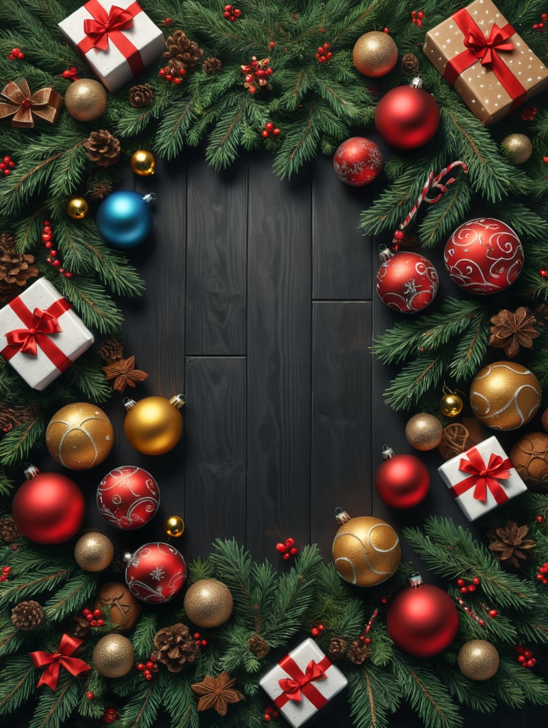 Christmas Illustration With Realistic Fir Branches. Also put Christmas-related balls,Gingerbreads and gift boxes elements on the design. Leave the middle part of the design big blank so I can write. top view