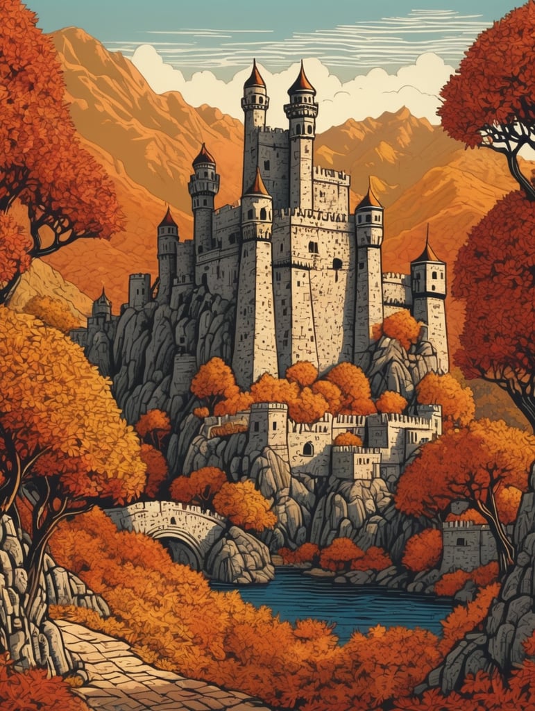 Omani stone castle in an autumn landscape, fine-art four-colour linocut illustration intricate dynamic lighting wallpaper award winning ultra detailed high definition very cute Print zentangle maximalist graceful linocut