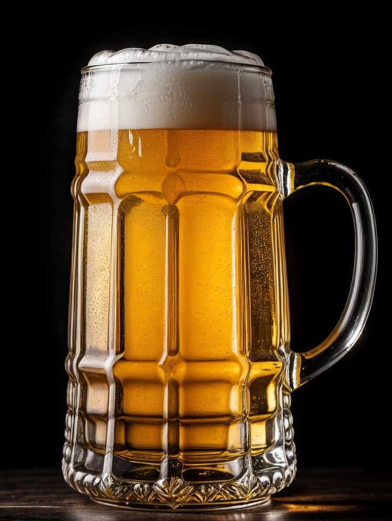 glass beer mug, isolated, black background, professional photo