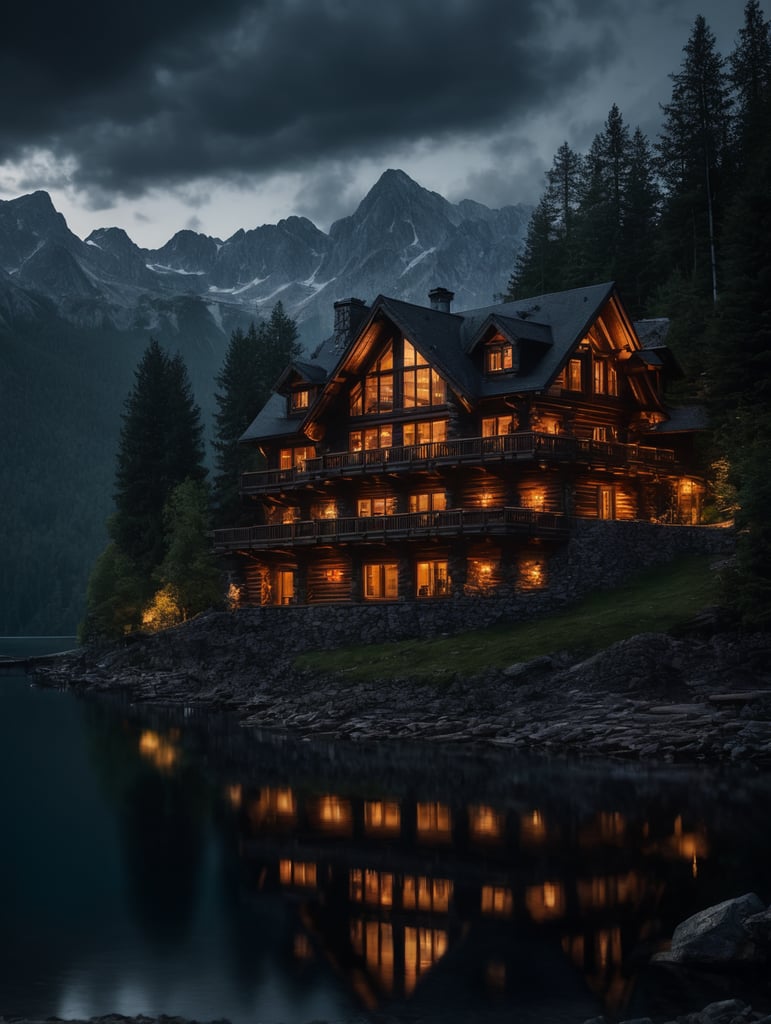 Professional evening photo of a Log mountain house, mountains, lake, forest