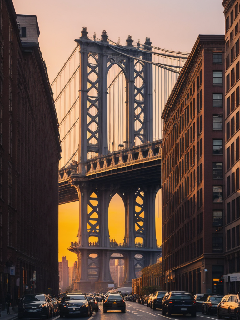 Manhattan bridge view from dumbo, Sunset, High detail, High contrast, Deep rich colors