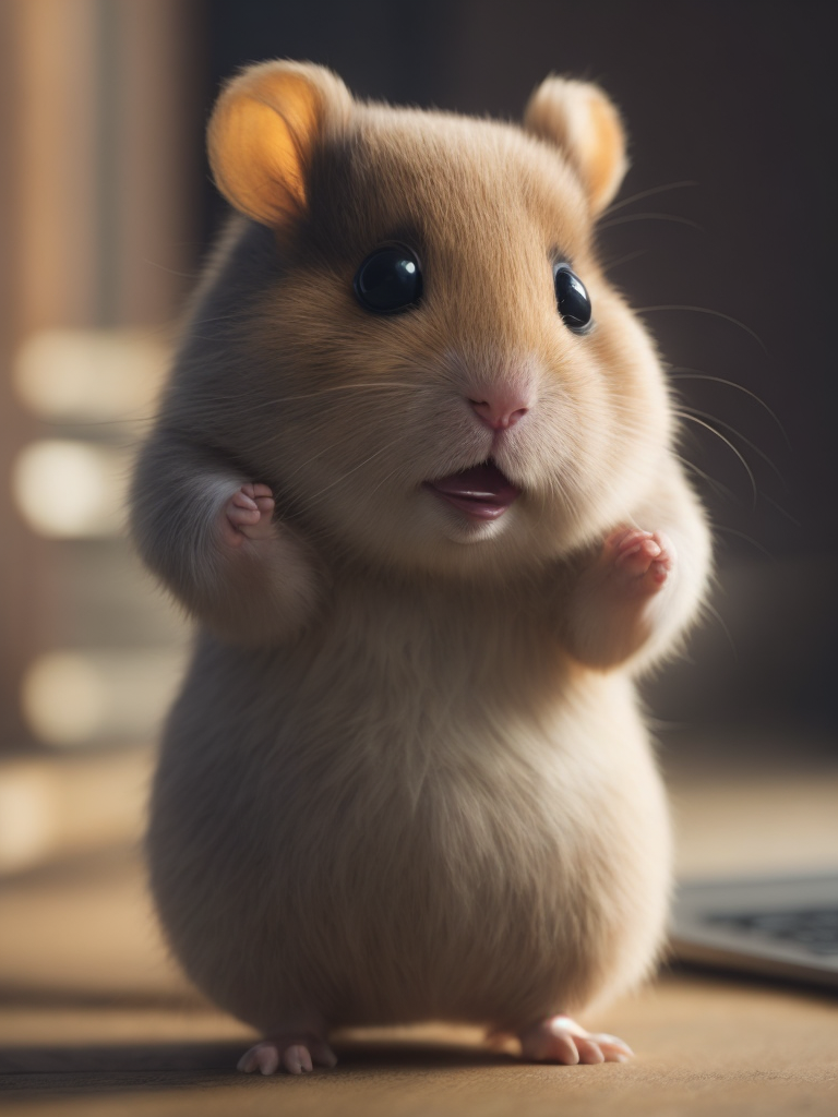 [Pixar style, dreamworks style, disney style] tiny cute fat hamster with big eyes, happy, dancing, adorable, cut, expressive big eyes, looks into the camera lens, character design portrait, intricate details, unreal engine, anime, natural light, soft cinematic light, volumetric light, edge lighting, [tinycore, frogcore, rainbowcore]