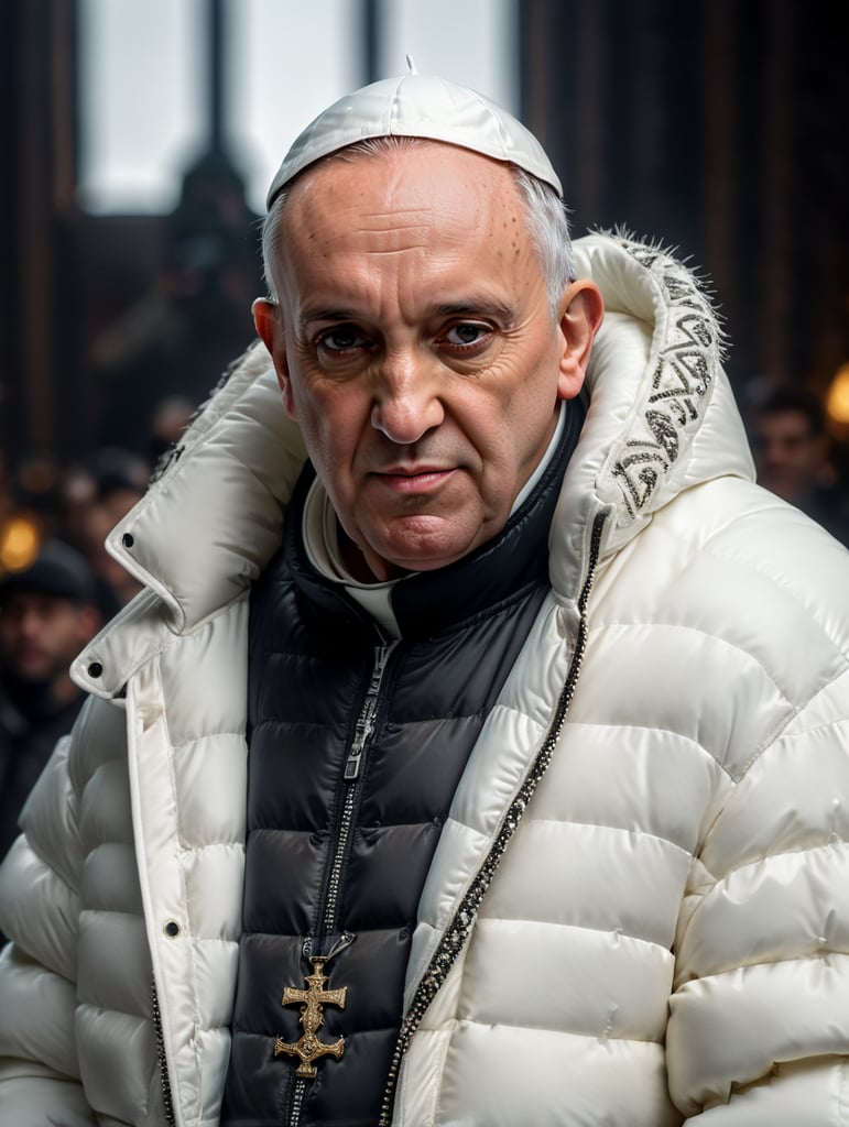 Professional photo glamour of Pope Francis looking stylish in a white puffer jacket