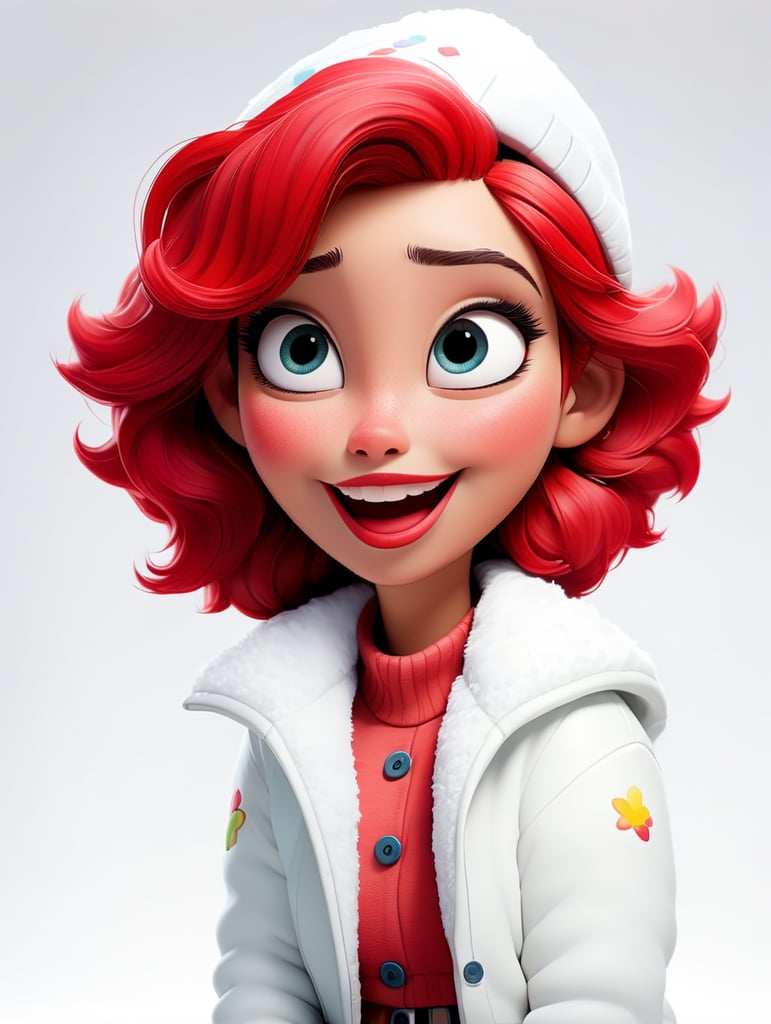 a happy young women with colored hair and red hat on his head is wearing a white fluffy jacket, isolated