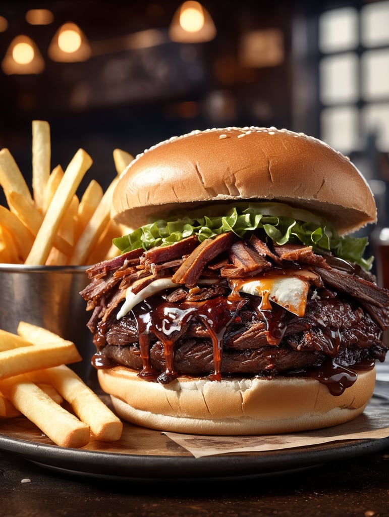 a juicy smokehouse brisket sandwich with coleslaw and dripping bbq sauce on a brioche bun with a side of fries in a bar and grill setting
