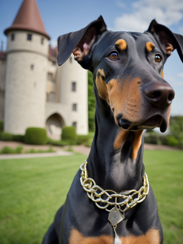 Doberman dog, golden chain, aggresive look, in front of a castle, dramatic Lighting, Depth of field, Incredibly high detailed, deep colors