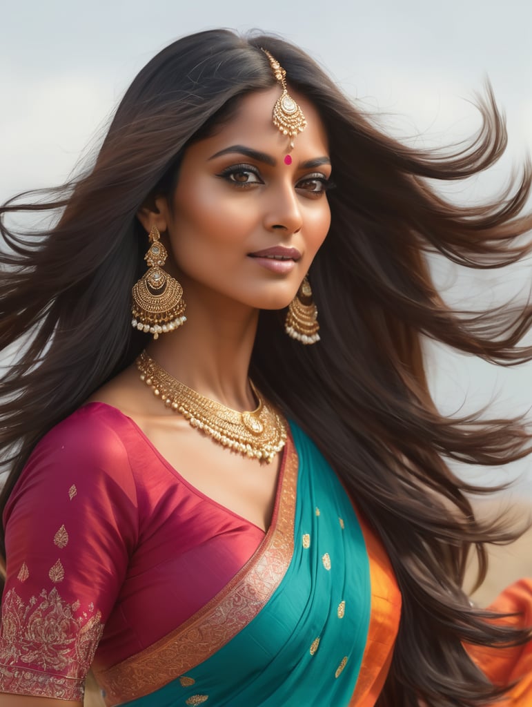 a beautiful Indian smile face woman Sam clothes with her hair blowing, in the style of snapshot aesthetic, hyper-realistic portraits --ar 69:128 --stylize 750 --v 6