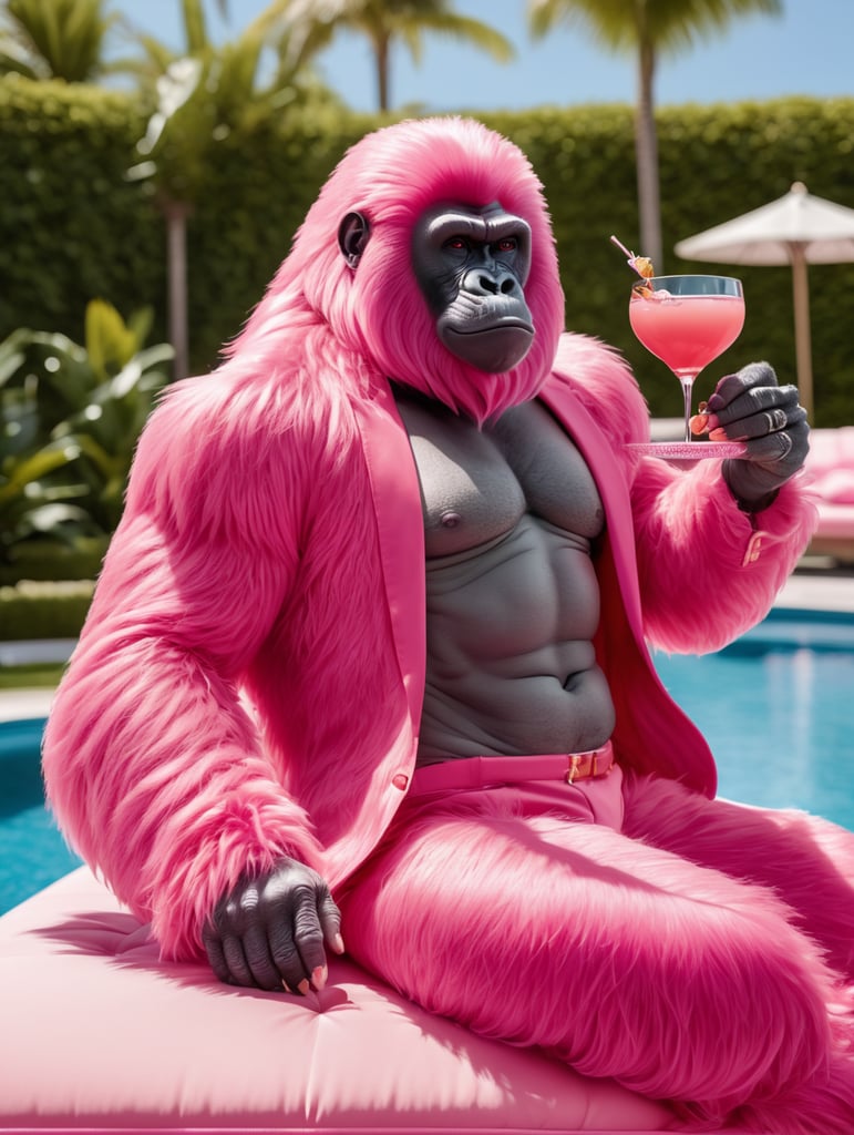 a pink gorilla with long pink hair and a big pink cocktail in her hands lounging on a stylish daybed next to a stylish pool on a sunny summer day