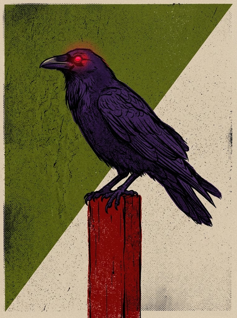 A dark purple raven with a glowing red eye perches on a flat crimson rectangular post. The background splits diagonally into textured olive green and light beige. The graphic illustration features bold color blocking and a heavy, grainy screen-print aesthetic.