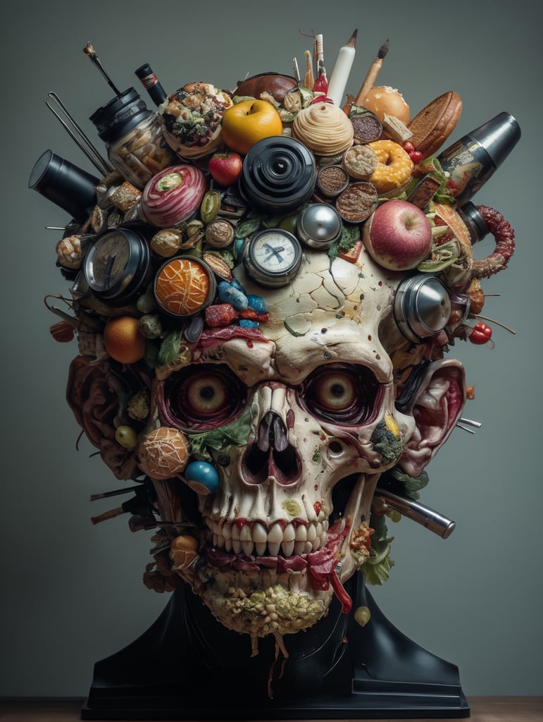The anatomy of a zoombie head made of junk food, an ultrafine detailed painting by james jean, octopath traveler, behance contest winner, vanitas, angular, altermodern, surreal