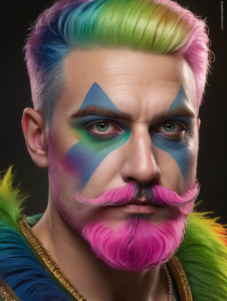 white blond man with make up in rainbow colors, black eyes, blue mustache, pink brows, green beard, realistic