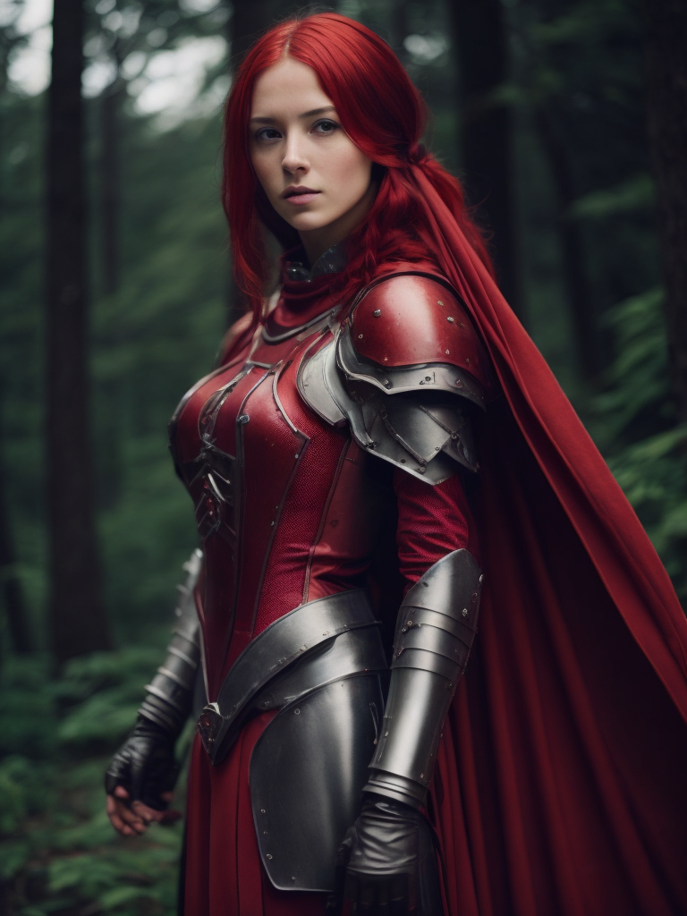 A young beautiful girl in red armor and red hair against the backdrop of a forest in red-burgundy tones, blurred background, focus on the girl, detailed armor, Dramatic Lighting, Depth of field, Incredibly high detailed
