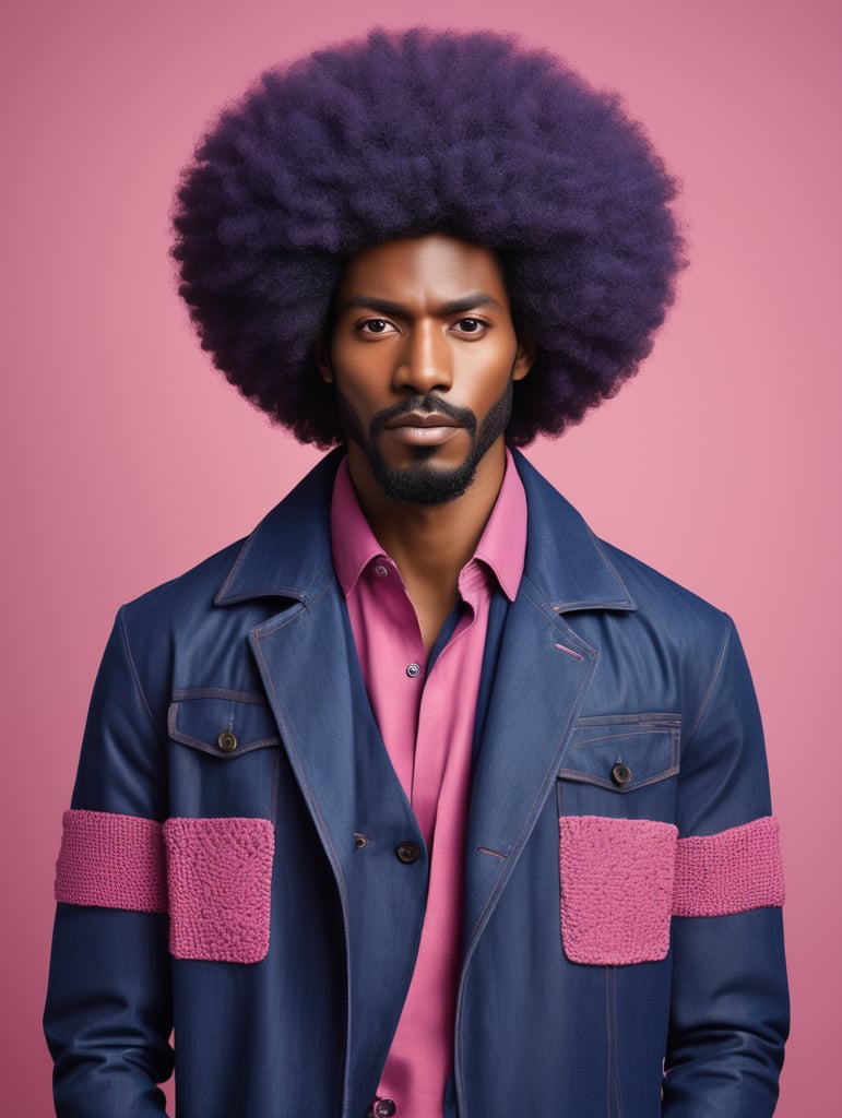 Afro ebony man, avant-garde, simplygo, photoshoot spread, dressed in all indigo, pink background, harpers bizarre, cover, headshot, hyper realistic
