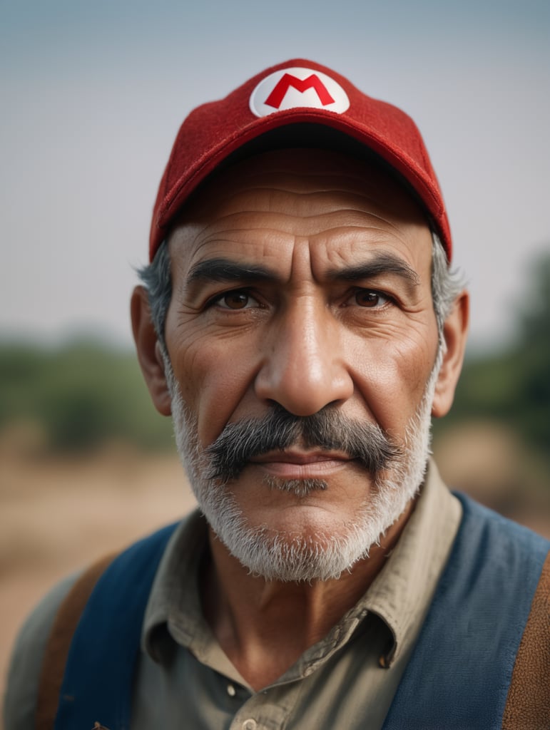 RAW photo, portrait of an old Super Mario, highly detailed textures, tired, run down, deep skin pores, red Super Mario hat, perfect lighting, photorealism, photo realistic, hard focus, smooth, depth of field, 8K UHD, photo taken by a Sony Alpha 1 , 85mm lens, f 1. 4 aperture, 1 500 shutter speed, ISO 100 film, neutral colors, muted colors