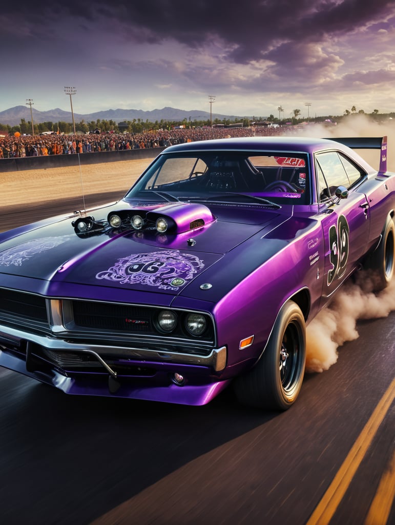 Souped up purple halloween dodge charger, drag racing death on a horse