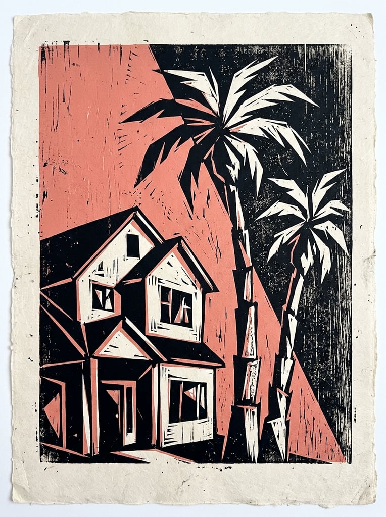 A graphic woodblock print of a house positioned next to two palm trees, executed with sharp, geometric abstraction and stark high-contrast lighting. The structural forms of the house and the sweeping fronds and trunks of the palm trees are fractured into harsh, angular planes of light and shadow, utilizing a strictly limited color palette of deep flat black, muted coral pink, and pale off-white. Dramatic, hard-edged chiaroscuro divides the subjects, leaving sections completely submerged in solid black ink while adjacent flat planes are brightly illuminated. Pronounced vertical woodgrain textures and granular, mottled ink artifacts are heavily stamped into the off-white surfaces and the deep black shadow sections. The flat, two-dimensional composition features strong Art Deco and Cubist sensibilities, set against a starkly bisected background that contrasts a solid coral pink zone on one side with a densely textured, wood-scraped black expanse on the other.
