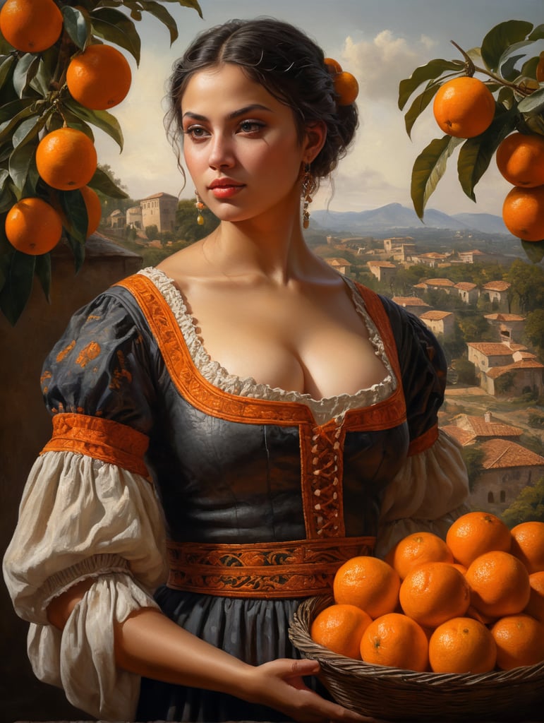 Oil painting on canvas. Portrait of a young, dark and beautiful Italian girl growing oranges from Sicily in 17th century Italian folk peasant clothing with a plunging neckline and full breasts, dramatic lighting, depth of field, orange trees in the background. Oranges should have a beautiful, even structure. Incredibly high detail holding fresh oranges in hand