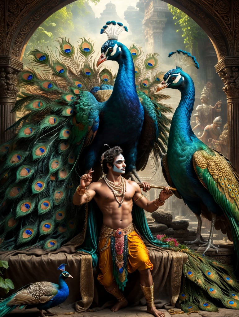 lord Krishna playing with peacock in a fantasy world photo realistic