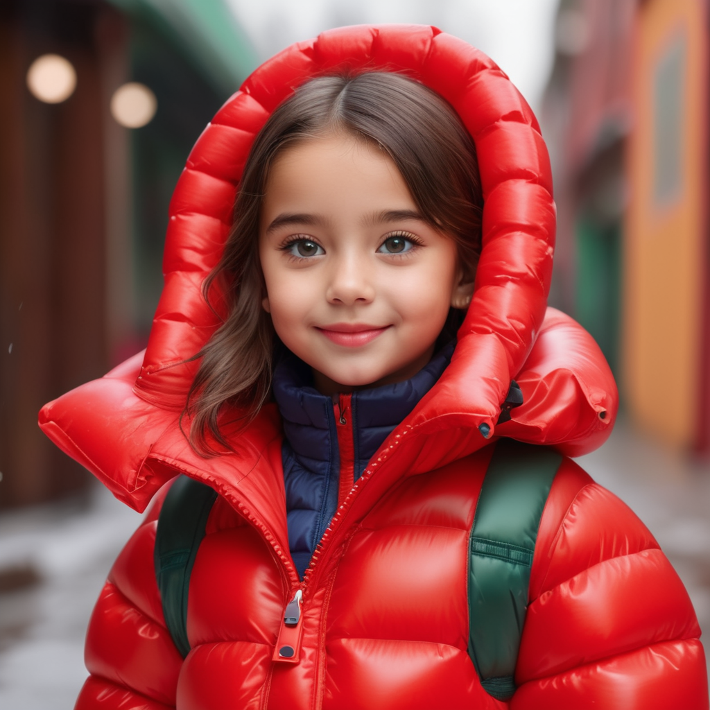 cute girl, dressed red inflatable puffer jacket, headshot, hyper realistic, vibrant colors