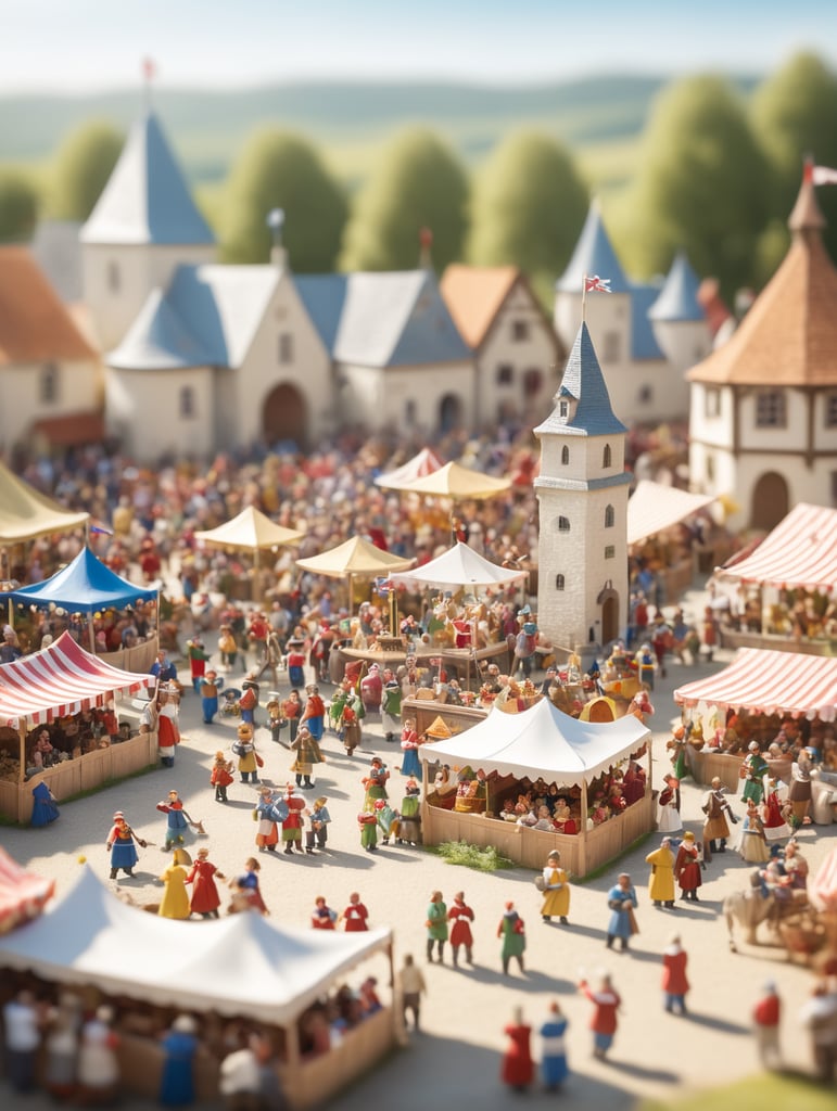 A medieval-inspired creative concept is depicted in a tilt-shift photograph capturing the joyful ambiance of a village fete and fair