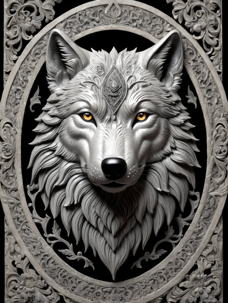 This is an image of a three-dimensional representation of a wolf, with intricate detailing that gives it an almost sculpted, bas-relief appearance. The wolf is depicted with a noble and serene expression, and its fur is rendered in swirling patterns that add to the artistic quality of the piece. The color palette is primarily in shades of dark grey and black, which adds to the majestic and somewhat mystical aura of the wolf. There is also an ornate border framing the artwork, suggesting that this might be a decorative piece or a part of a larger installation.