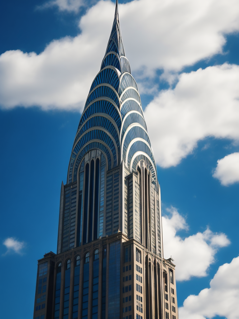 Chrysler Building, New York in the background, Blue sky, Vibrant colors, Deep colors, Contrast lighting, Sunny day, High detail, Sharp details