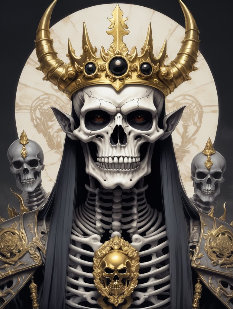 in the style of dark 90's anime. a drawing of a skeleton with an oni mask and a gold crown