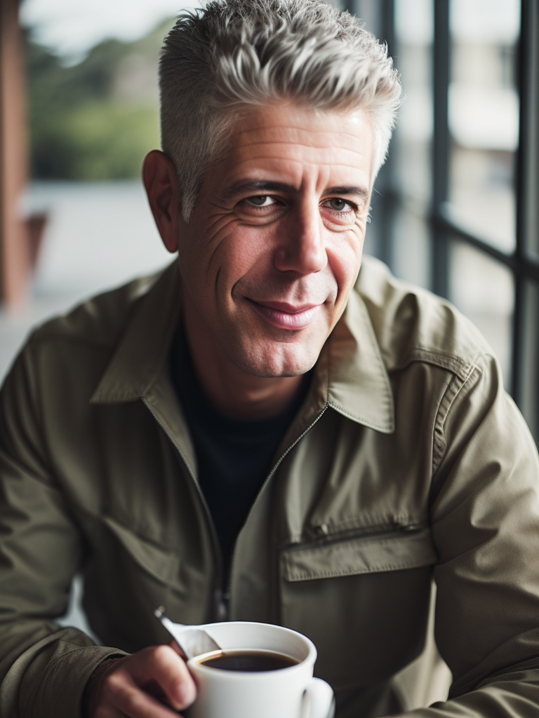 anthony bourdain in camouflage jacket and drink a morning coffee at the terrace use a light suit with black thick rims, sharp focus, highly detailed, vintage style. photoreal: 1.4, lifelike,highly detailed CG unified 8K,looking at the viewer smiling, (HQ skin:1.4), 8k uhd, dslr, soft lighting, high quality, film grain, Fujifilm XT3