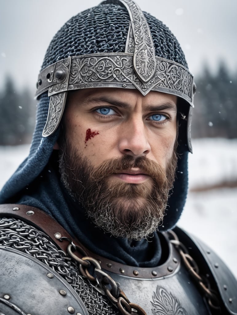Portrait of a medieval Slavic warrior with a beard, wearing a helmet and chain mail, gray-blue eyes, a face stained with blood, against the backdrop of a winter landscape