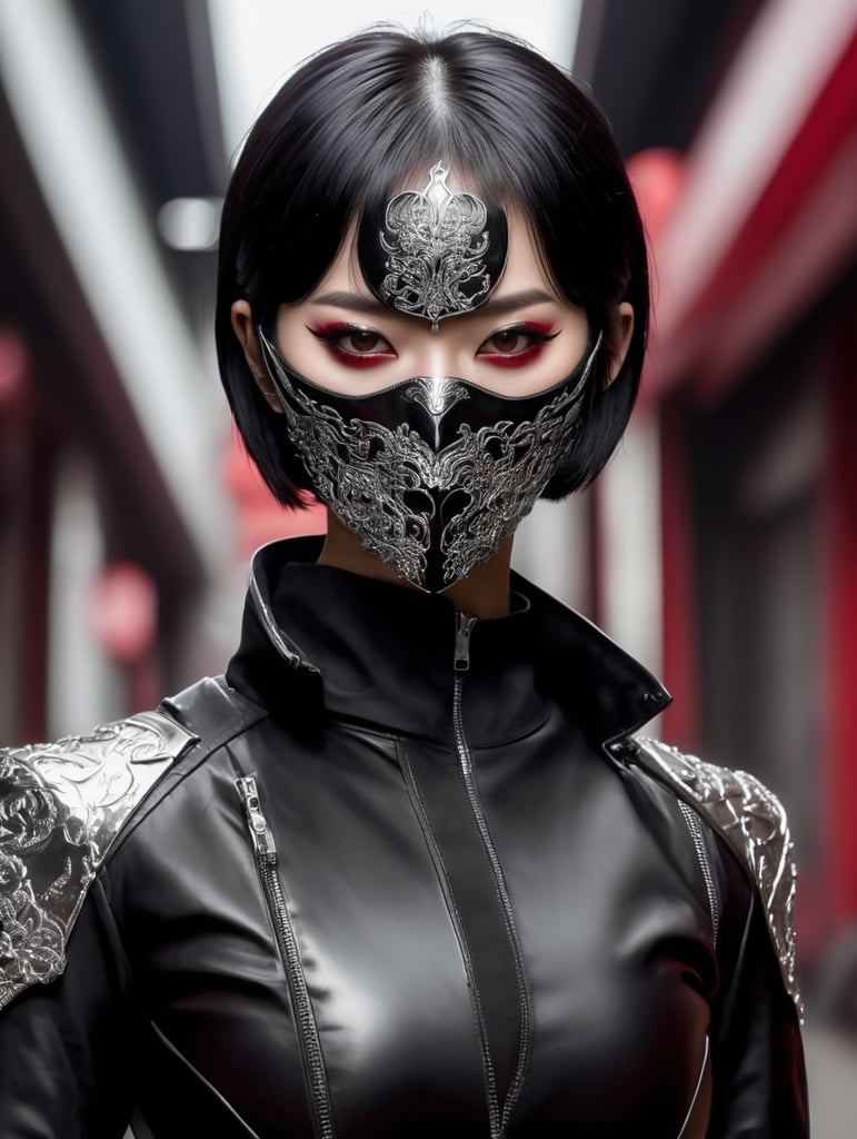 Korean vampire woman, short black hair wearing a silver mask. Covered a Her face in half . Red lenses contact . Wearing leather black jacket , in a sinister environment