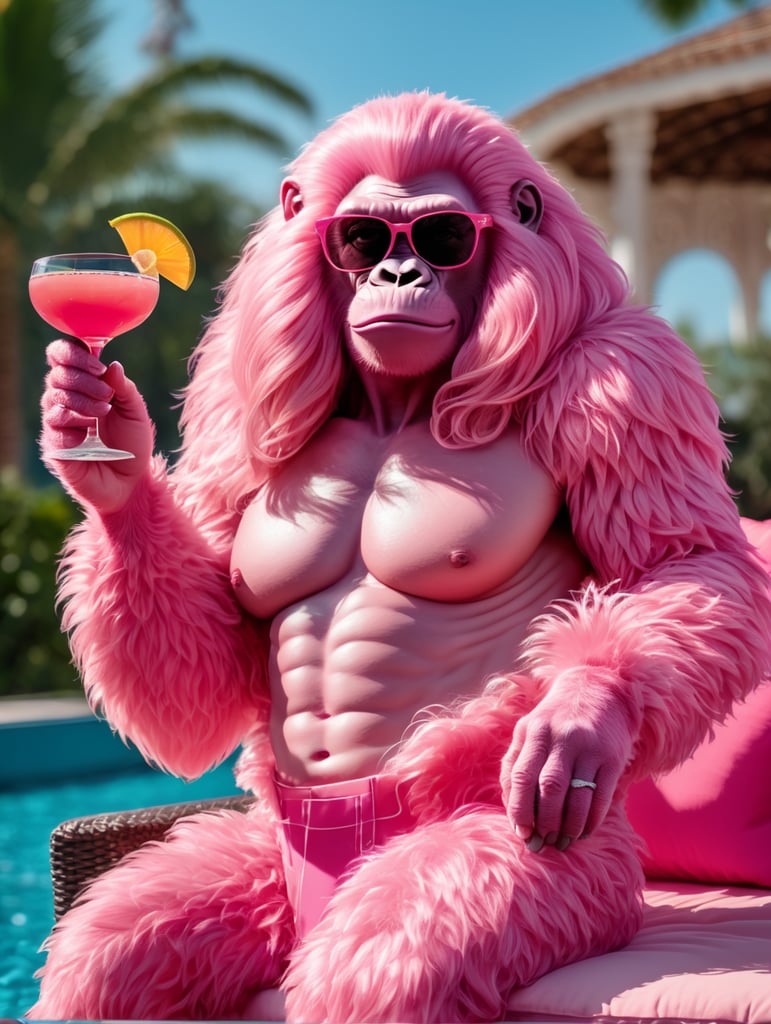 a pink gorilla with long pink hair and a big pink cocktail in her hands lounging on a stylish daybed next to a stylish pool on a sunny summer day