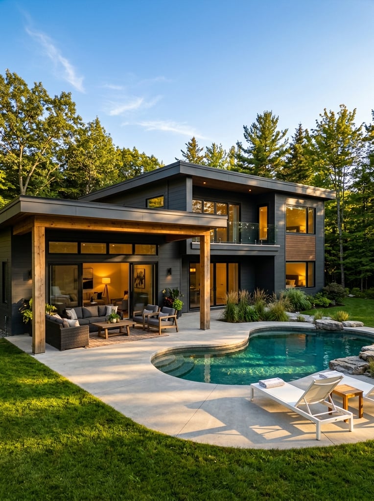 two-story dark grey modern house, large covered patio with wooden pillars and outdoor seating, warm interior light through glass doors, irregular swimming pool with teal water, smooth concrete deck, white sun lounger, green lawn, dense trees, clear blue sky, golden hour sunlight, crisp long shadows, architectural photography