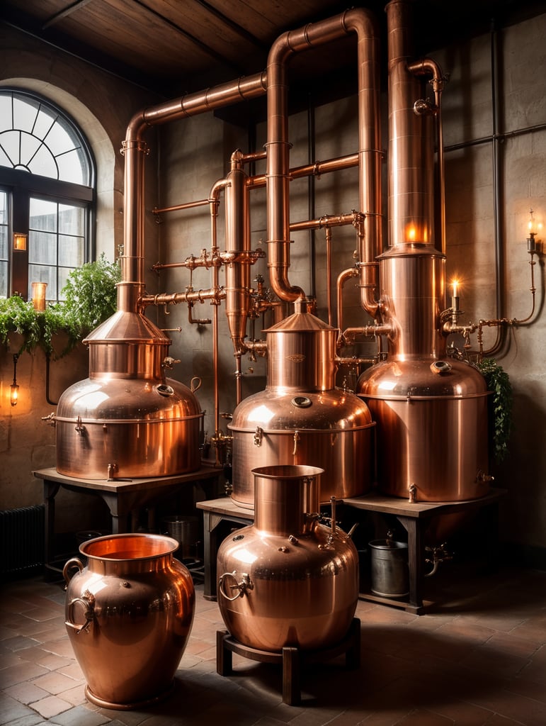 Close-up of a Copper distillation unit alembic, candles on the walls, Dim antique room for whiskey production, herbs and hops, old master sitting on a chair