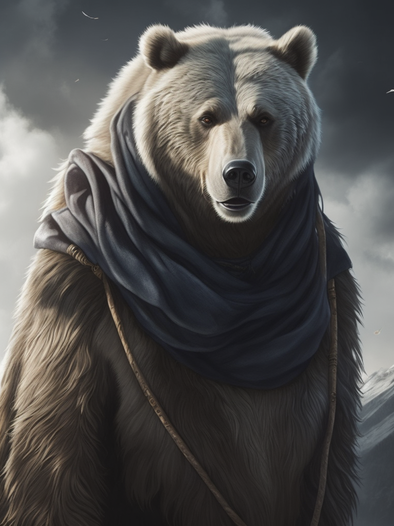 Portrait, human male, shaman, nomad, well-traveled, flowing robes, neck scarf covering mouth, long staff in right hand, empty hand reaching, ethereal ghost of roaring grizzly bear in background, intense blue cloudy sky, dramatic lighting, depth of field, incredibly high detailed