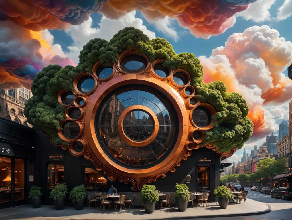 dream prompt: the craziest large viewing angle and large view lens architectural modern style hyper realistic hyper detailed neocosmic exterior architecture design of a cloud shape Fluid restaurant facade, geometric foam spectrum, green::1 white::3, Santiago Calatrava and Aaron Horkey architecture art styles, in new york city, soft ambient, night light, cinematic photo, natural lighting, camera nikon, 8k, --s1000 --style raw, you can imagine