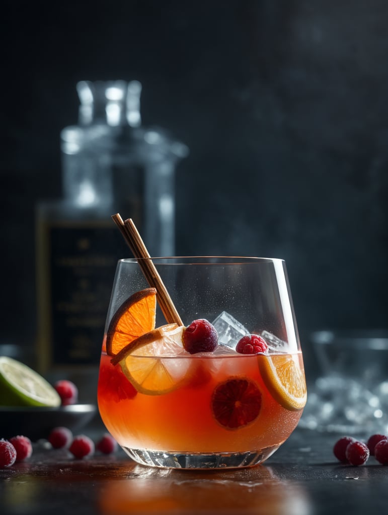 gin cocktail with a dried slice of fruit, professional food photography, depth of field, fantastical