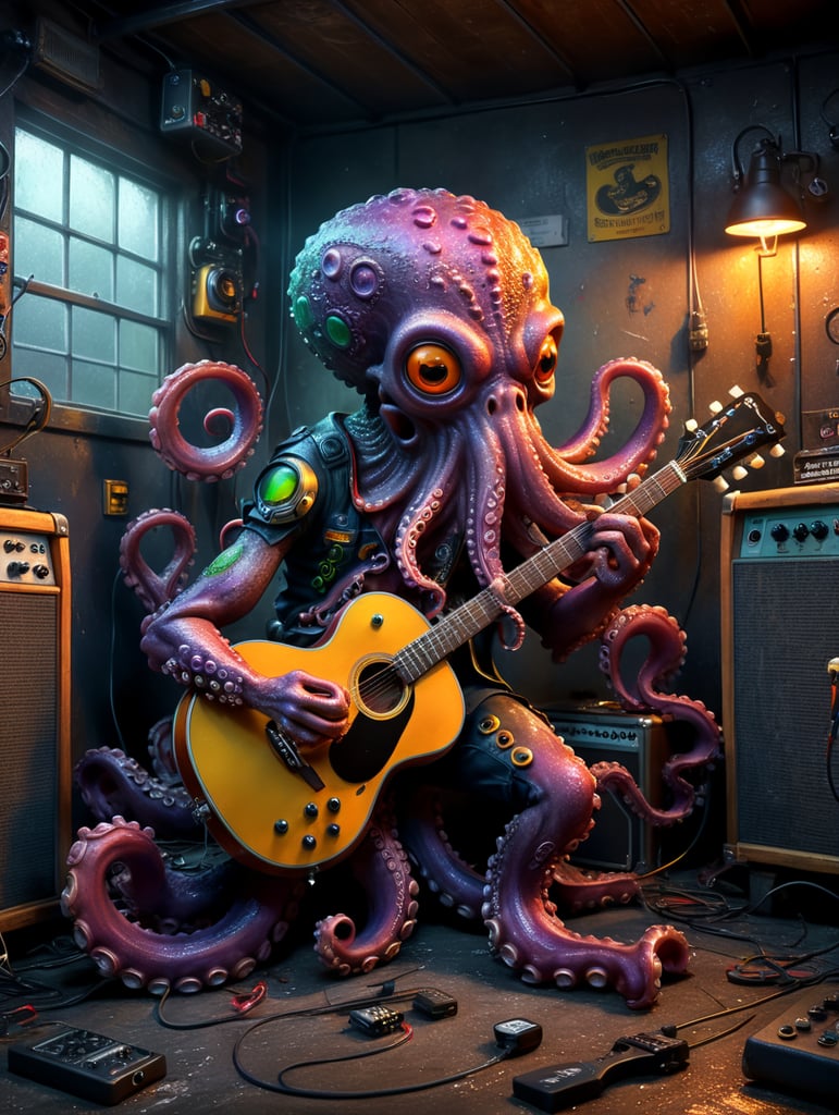Polvo colorido tocando guitarra com microfone pedaleira em uma garagem velha estilo Disney pixar