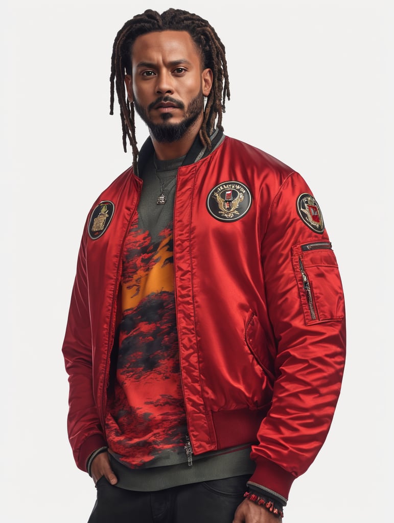 a man with dreadlocks on his head is wearing a colored jersey and a red bomber jacket