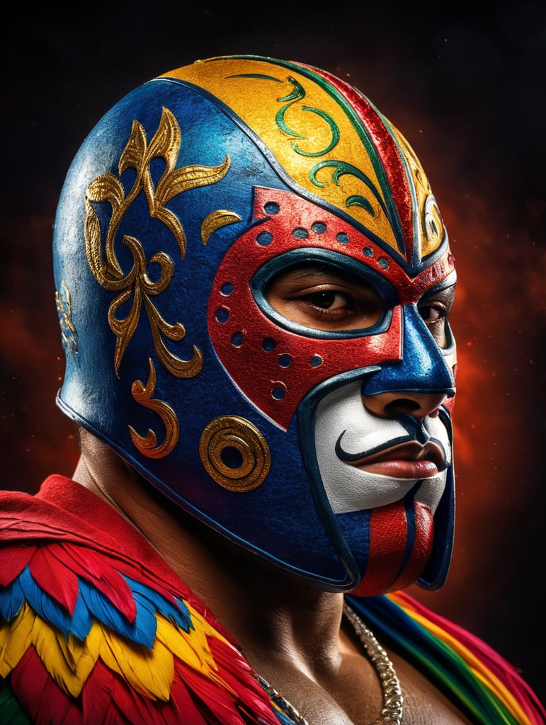 Portrait of a masked mexican wrestler, Vivid saturated colors, Contrast color, studio photo, professional photo, Rich colors, Detailed image