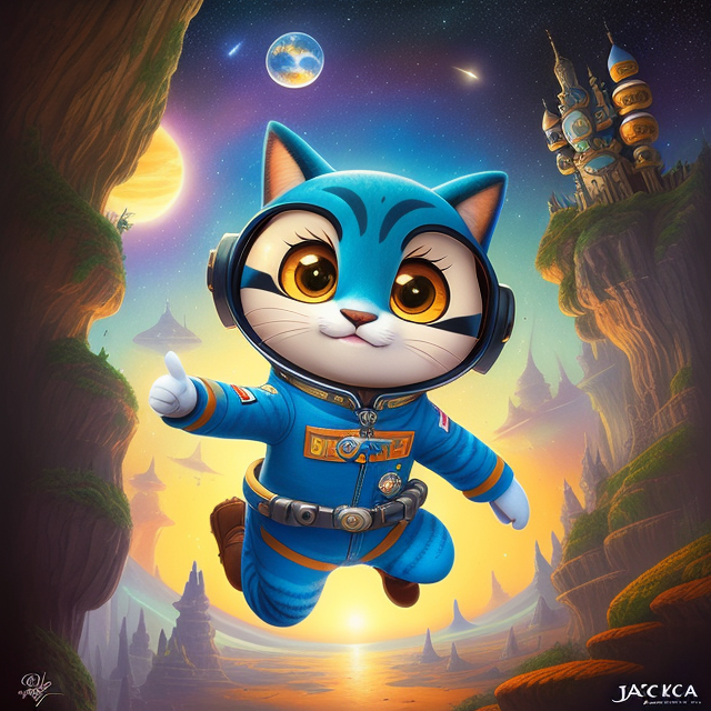 a astronaut cat in a space suit, he is sad and jump, space backround, anthro, very cute kid's film character, disney pixar zootopia character concept artwork, 3d concept, detailed fur, high detail iconic character for upcoming film, trending on artstation, character design, 3d artistic render, highly detailed, octane, blender, cartoon, shadows, lighting, (by Artist Jacek Yerka:1.3)