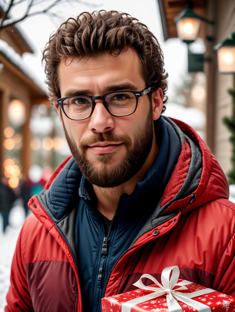 portrait of a bearded curly man wearing red puffer jacket, reeding glasses, stands front camera with gift box his hand, snowy weather, Christmas time, blurry background