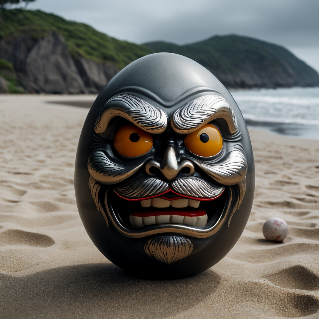 Japanese happy daruma figure as an egg. Situated on a beach close to the sea. only the one eye is painted. It left eye has no pupil.